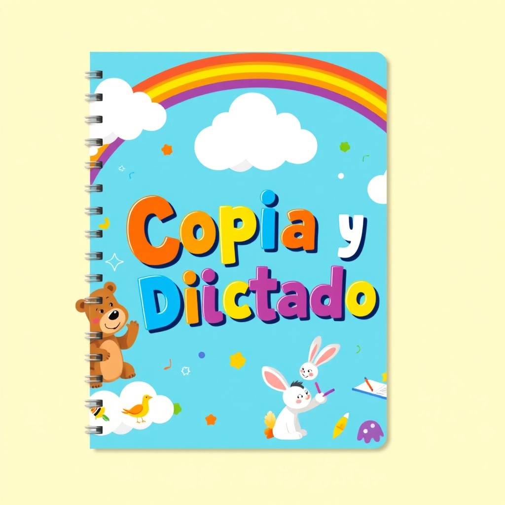 A vibrant and playful notebook cover design for a children's notebook titled "Copia y Dictado"