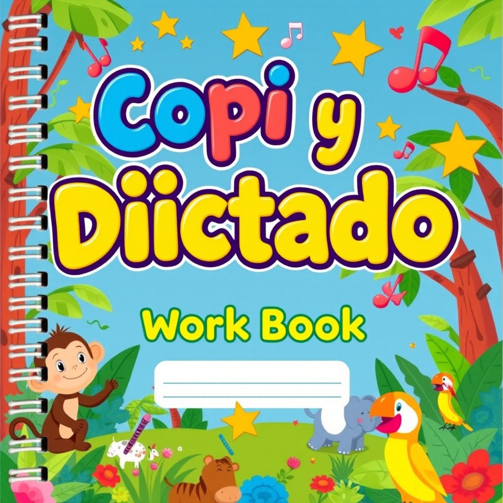 A playful and vibrant notebook cover design for a children's workbook titled "Copia y Dictado"
