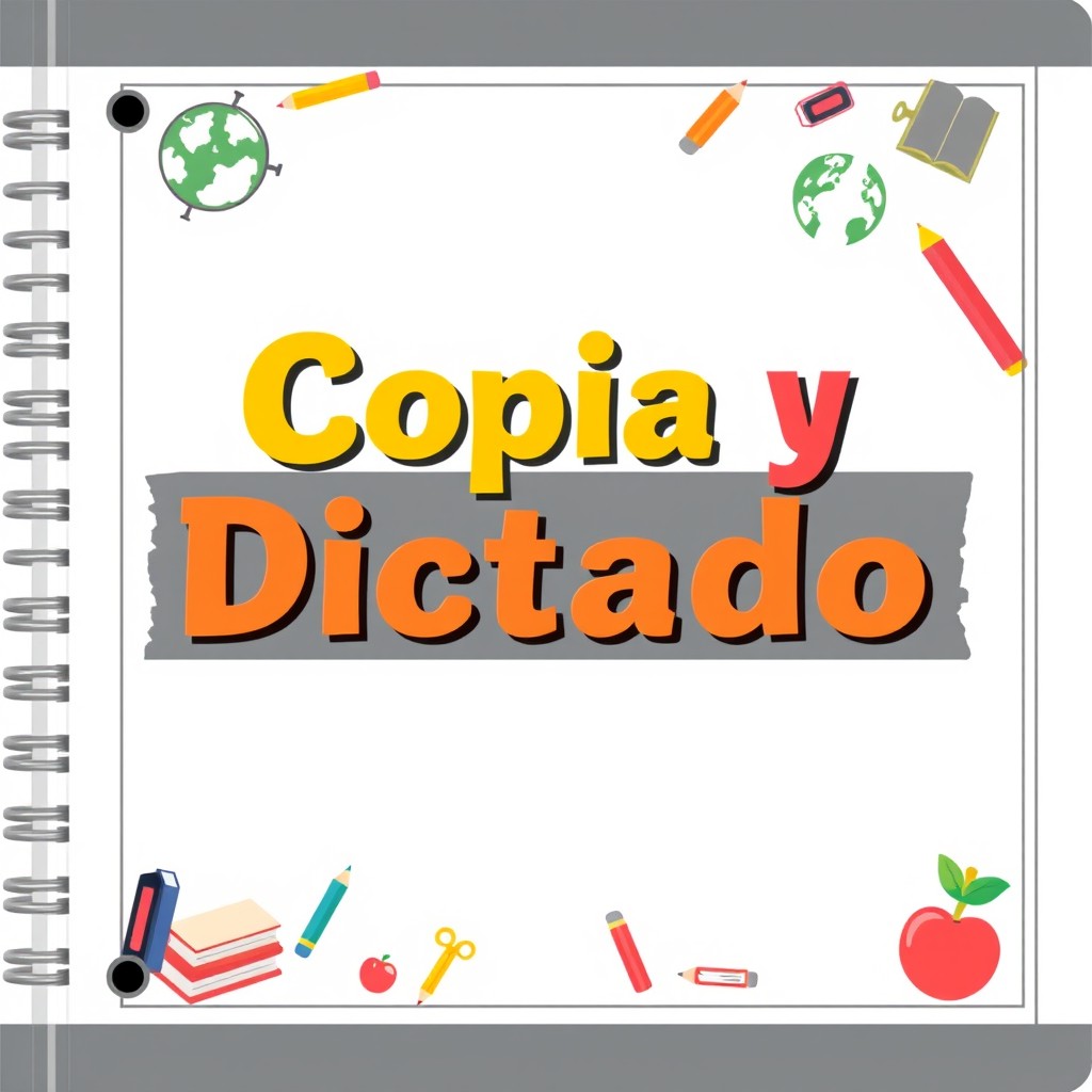 A stylish and educational notebook cover design for a school workbook titled "Copia y Dictado"