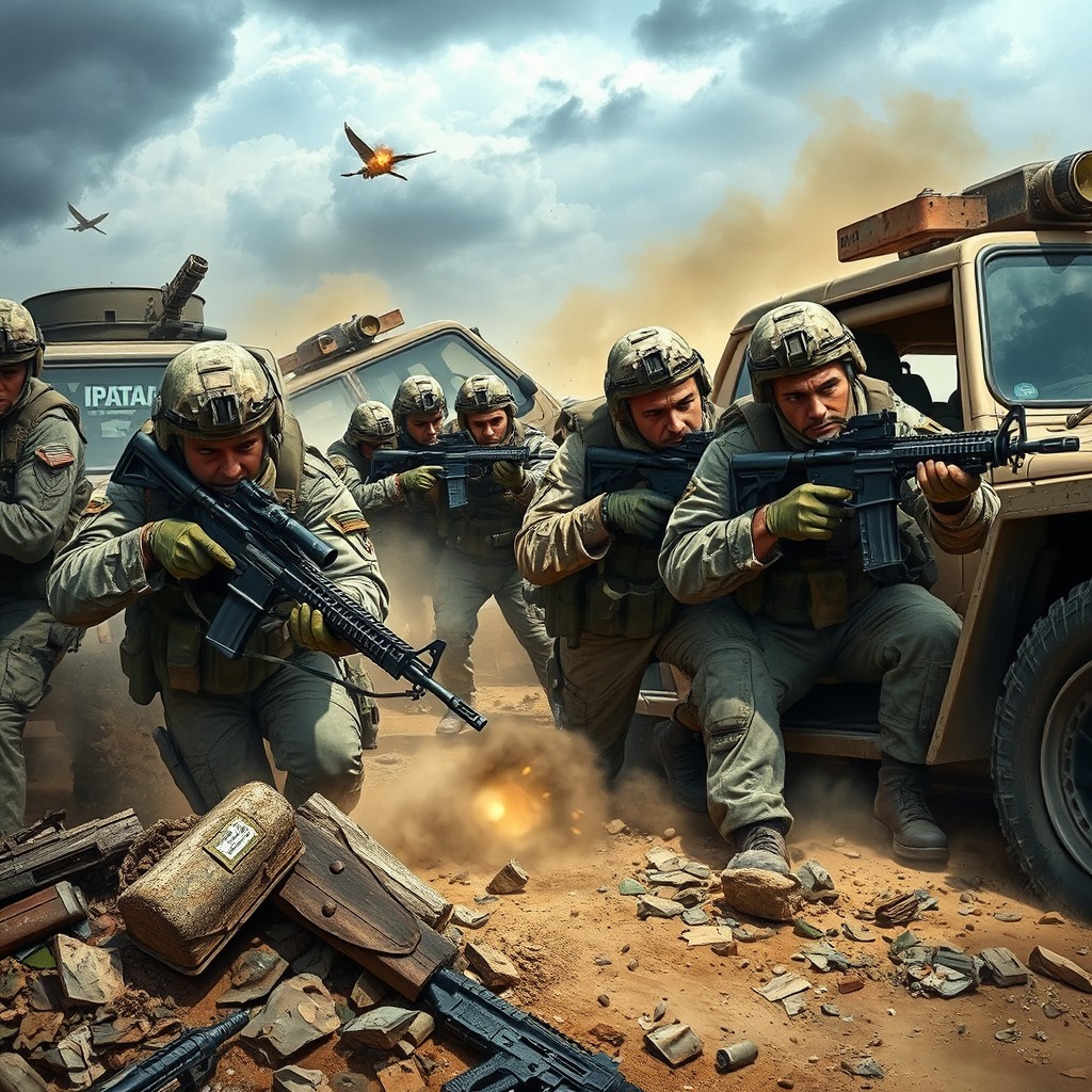 United States soldiers engaged in battle in Iraq, depicting a tense battlefield scene with soldiers in combat gear, modern rifles, and tactical equipment