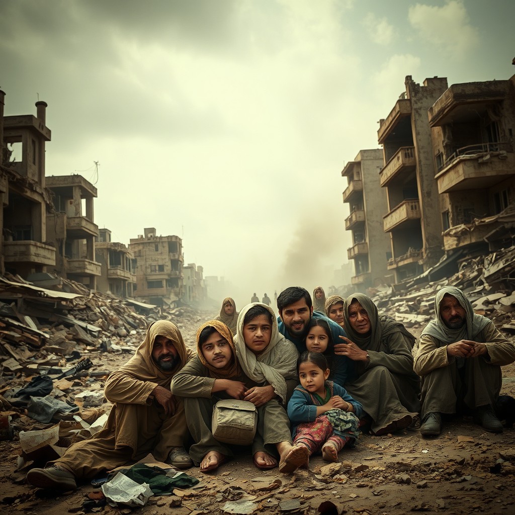 A somber and powerful scene depicting Iraqi civilians caught in the chaos of the Iraq War