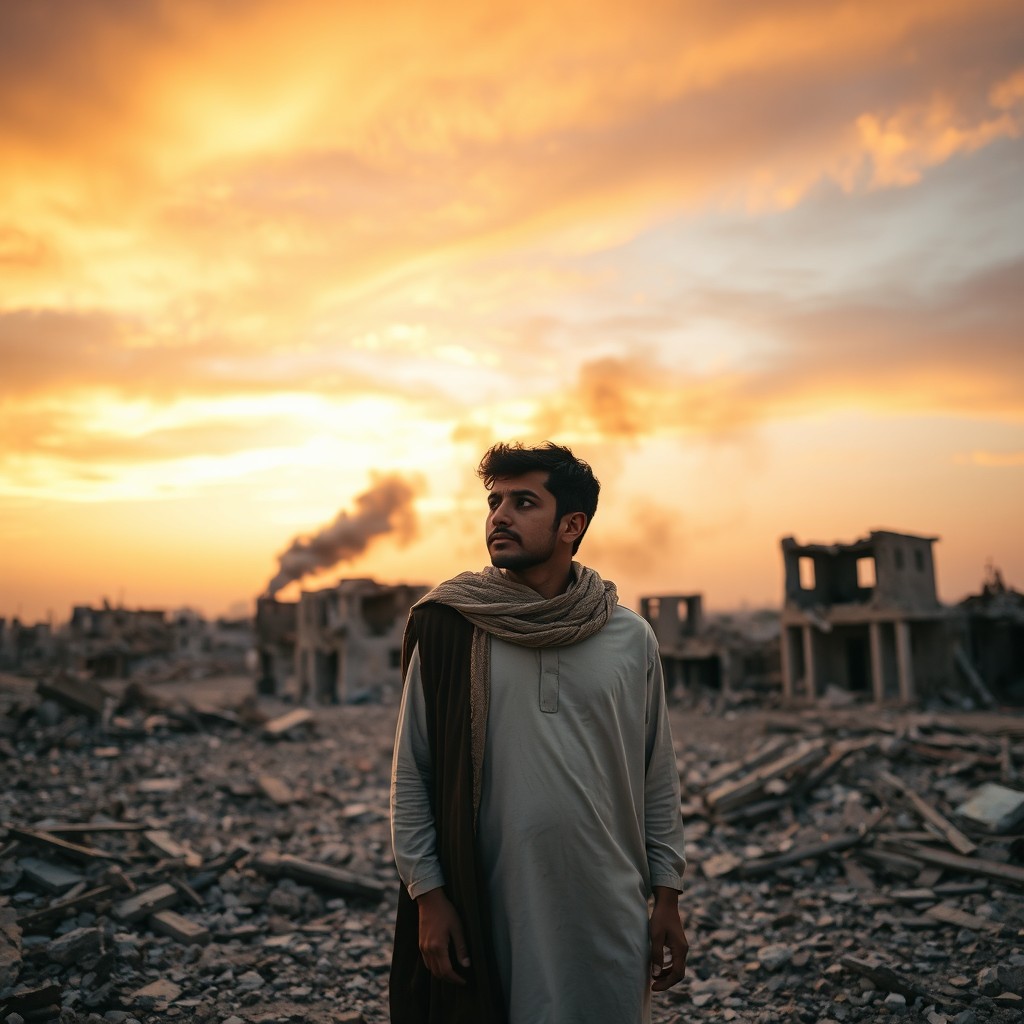 A young Iraqi man standing amidst the ruins of a bombed village, expressing a mix of sadness and resilience