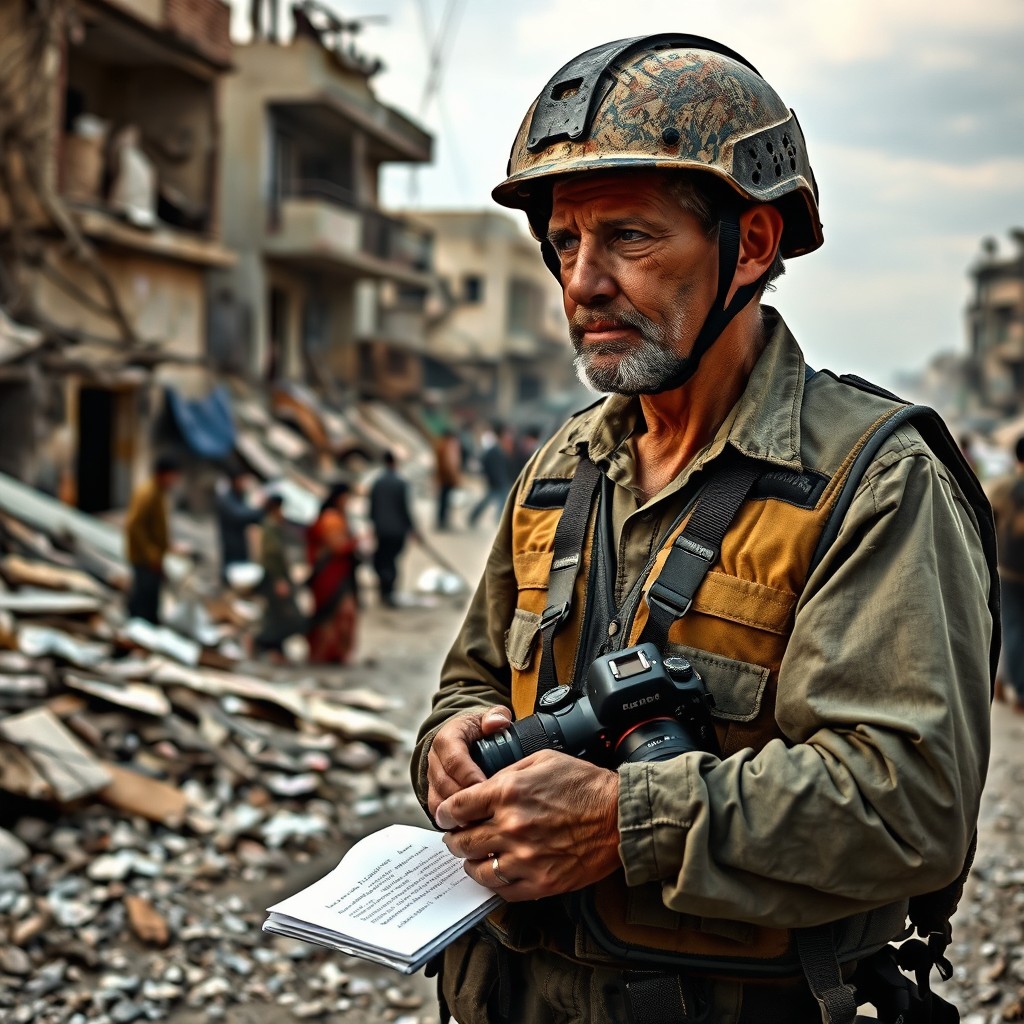 A determined journalist documenting civil damages in a war-torn area