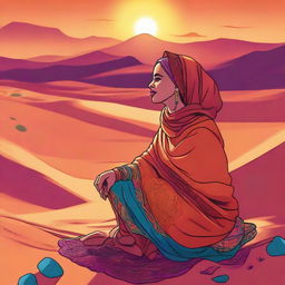 A vividly colorful and animated rendition of a Moroccan woman, sitting in the desert while passionately telling stories to a diverse group of engaged listeners. She is set against a backdrop of vast desert dunes under a vibrant sunset.