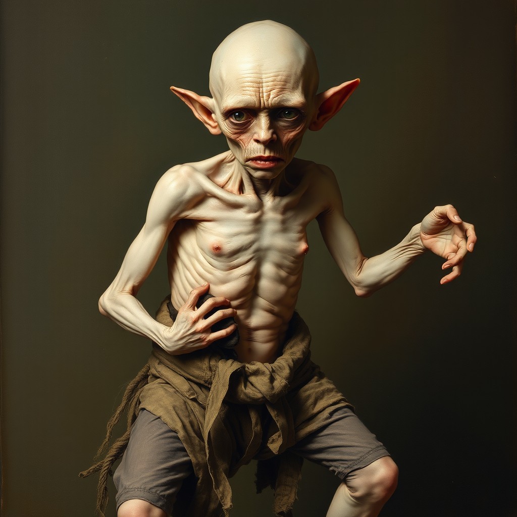 A painted portrait of a distorted figure resembling a halfling, but with an ambiguous appearance that departs from typical halfling characteristics