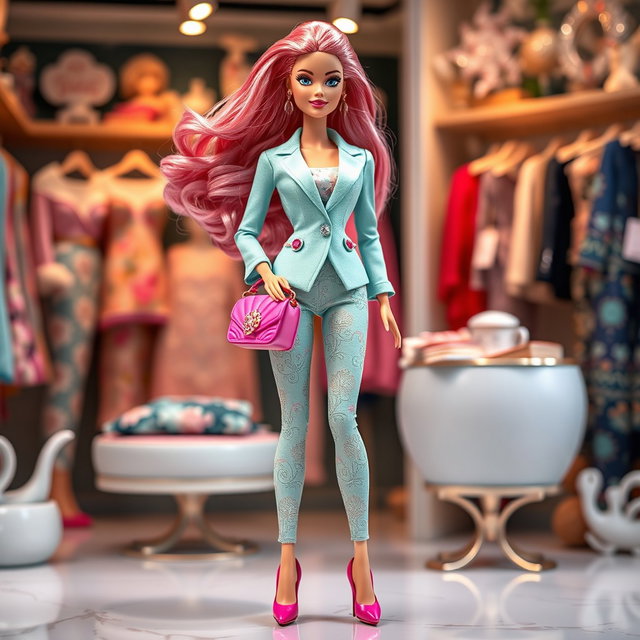 A vibrant Barbie doll inspired by Ariel, featuring flowing pink hair