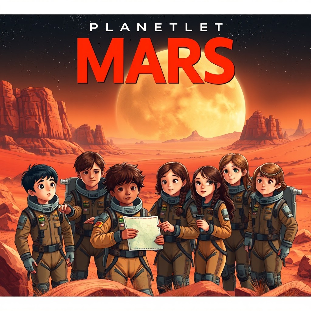 A stunning novel cover depicting the landscape of Planet Mars, characterized by its iconic reddish-orange terrain, rocky formations, and a starry sky overhead