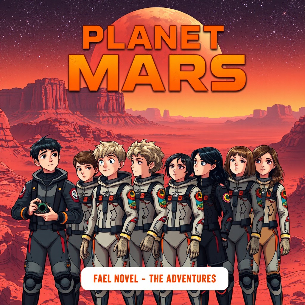 An eye-catching novel cover set against the backdrop of Planet Mars, featuring its iconic red deserts, rocky cliffs, and a stunning evening sky dotted with stars