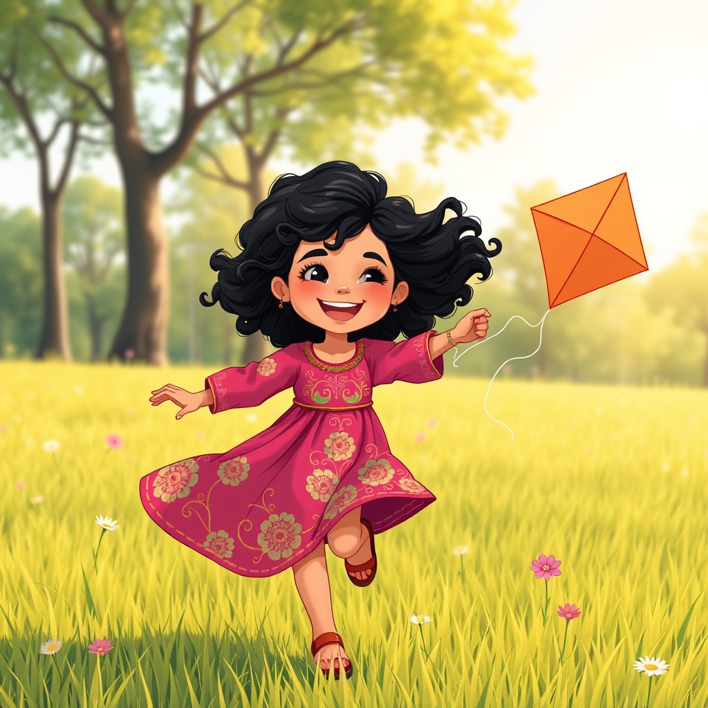 A whimsical illustration of a cheerful young Arab girl with curly black hair, wearing a vibrant traditional dress adorned with intricate floral patterns