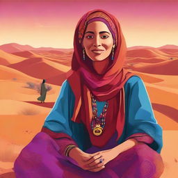 A vividly colorful and animated rendition of a Moroccan woman, sitting in the desert while passionately telling stories to a diverse group of engaged listeners. She is set against a backdrop of vast desert dunes under a vibrant sunset.