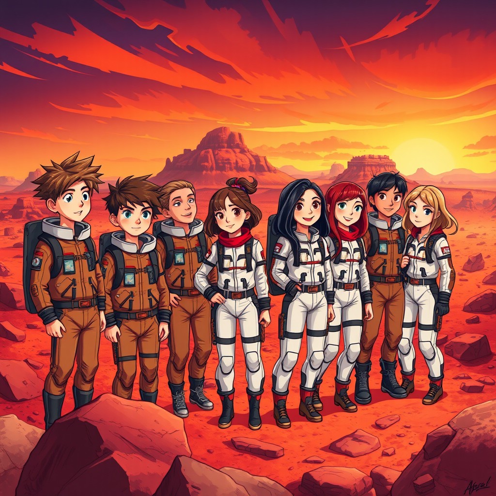 An exciting novel cover set on the planet Mars, featuring a vibrant and rich Martian landscape with its signature red soil and rocky outcrops