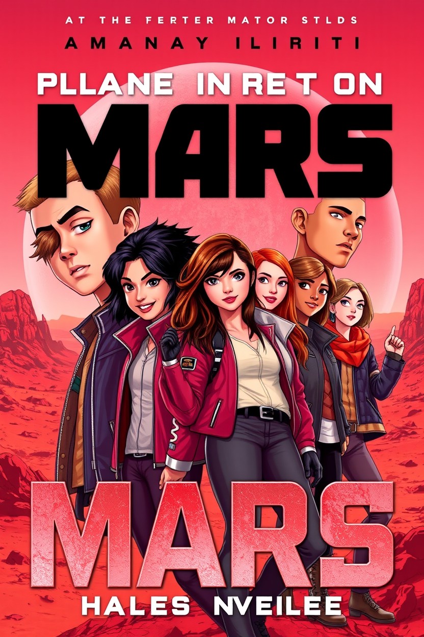 A vibrant and futuristic cover design for a novel set on planet Mars, featuring a diverse group of eight teenagers: two boys and six girls