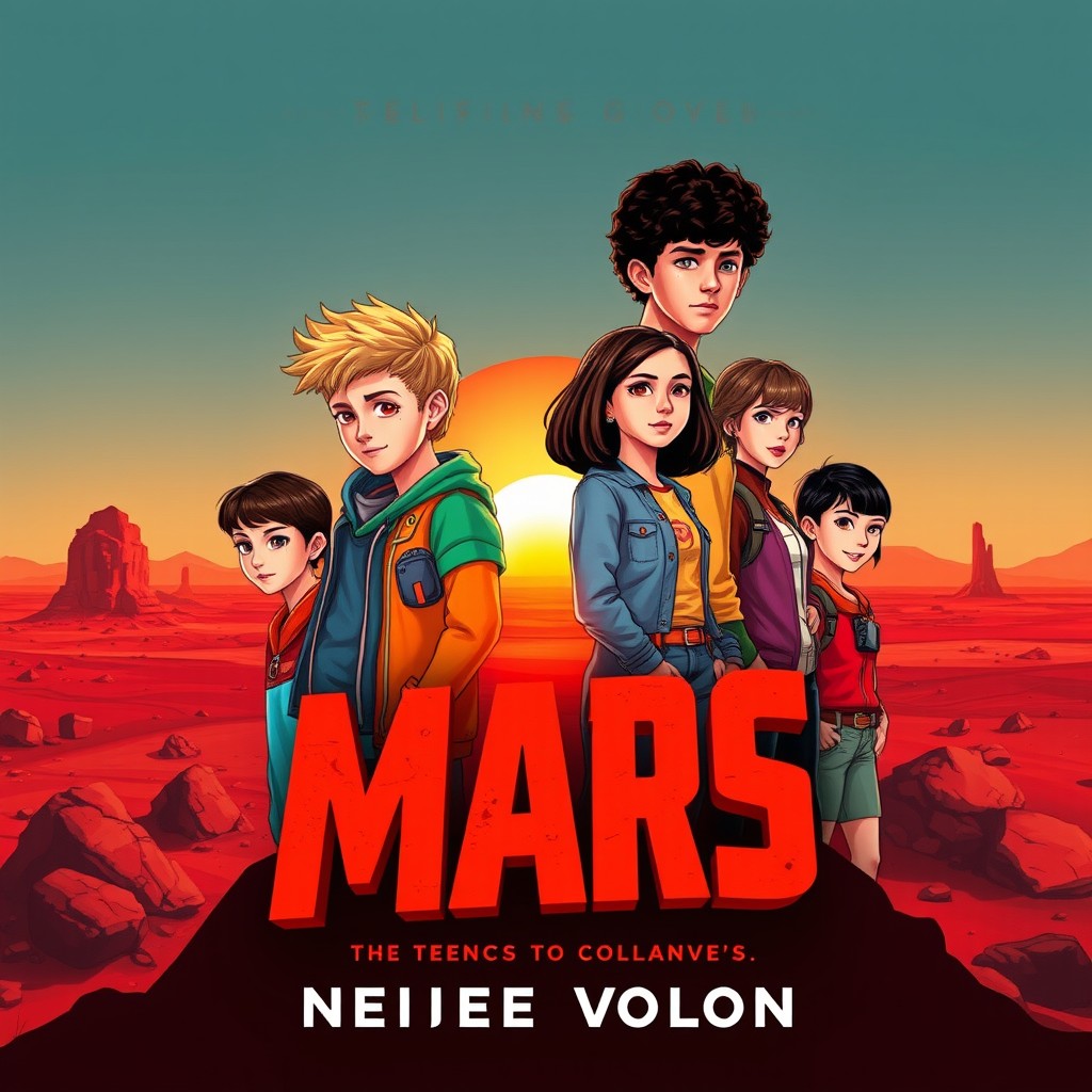 A captivating cover design for a novel set on planet Mars, showcasing a group of eight teenagers: two boys and six girls