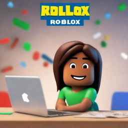 This is a high-quality photograph used as a book cover, featuring a real Italian-Jamaican girl, her face lit up with a smile as she gazes at her laptop screen displaying Roblox