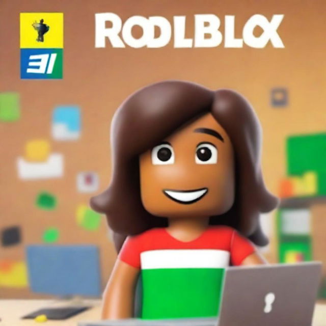 This is a high-quality photograph used as a book cover, featuring a real Italian-Jamaican girl, her face lit up with a smile as she gazes at her laptop screen displaying Roblox