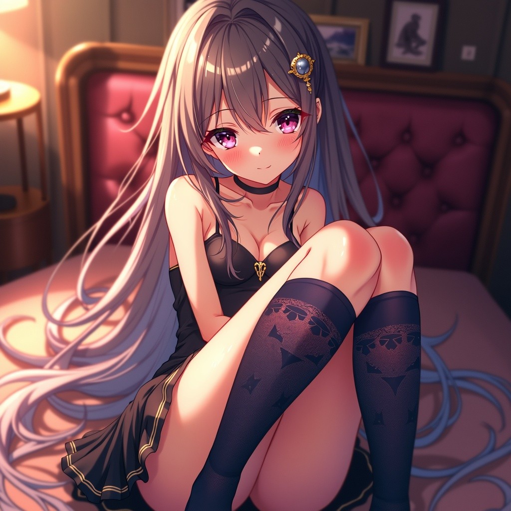 A sultry anime girl with mesmerizing features, charming expression, and long, flowing hair
