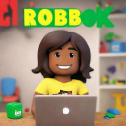 This is a high-quality photograph used as a book cover, featuring a real Italian-Jamaican girl, her face lit up with a smile as she gazes at her laptop screen displaying Roblox