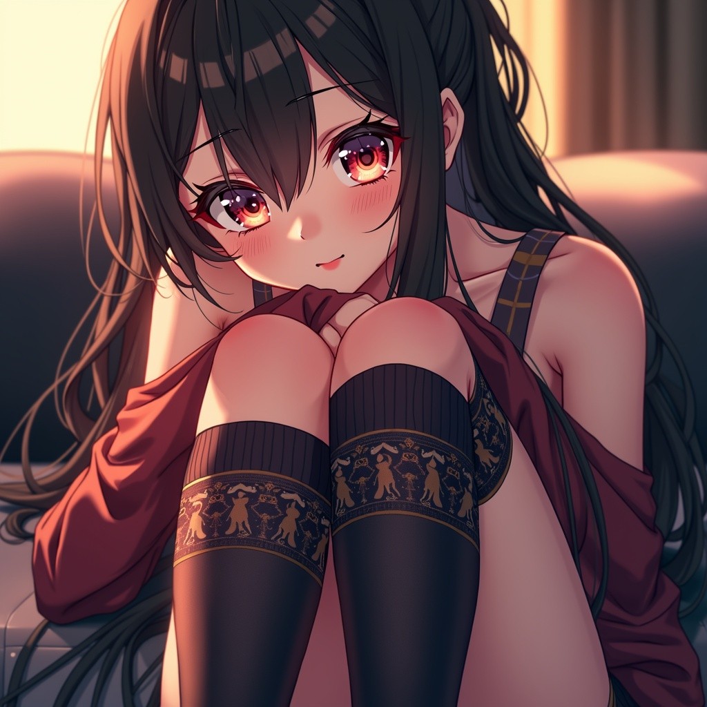 A sultry anime woman with alluring features, long hair cascading elegantly, and captivating eyes, adorned with fashionable knee-high socks