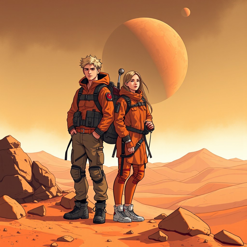 Sampul novel yang menarik berlatar di planet Mars, menampilkan delapan remaja: dua laki-laki dan enam perempuan