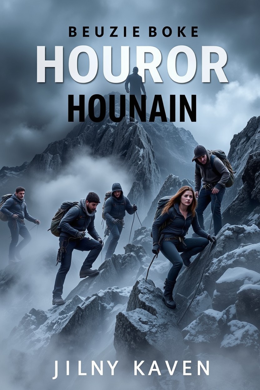 A book cover depicting a horror-themed mountain climbing scene featuring five adventurous characters: four rugged male climbers and one brave female climber