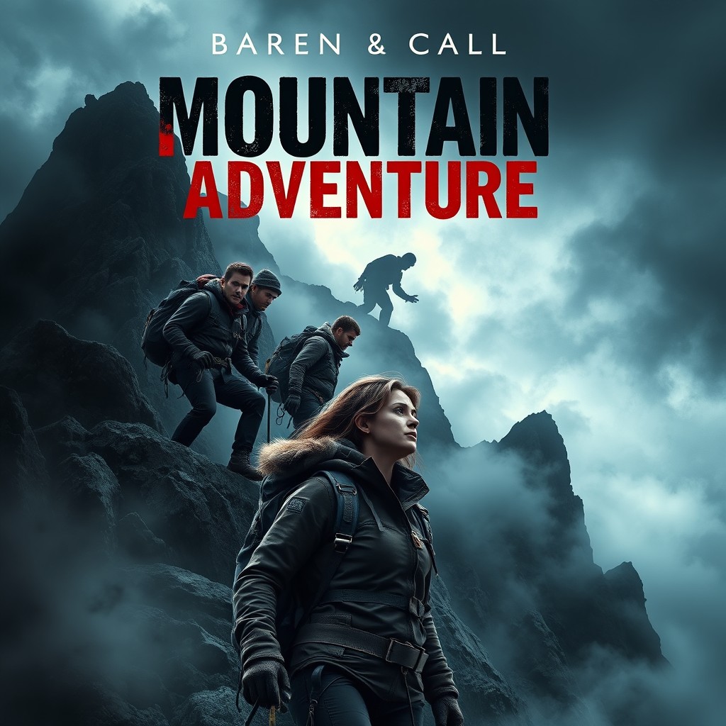 A captivating book cover design featuring a horror-themed mountain climbing adventure with five climbers: four rugged male climbers and one fearless female climber