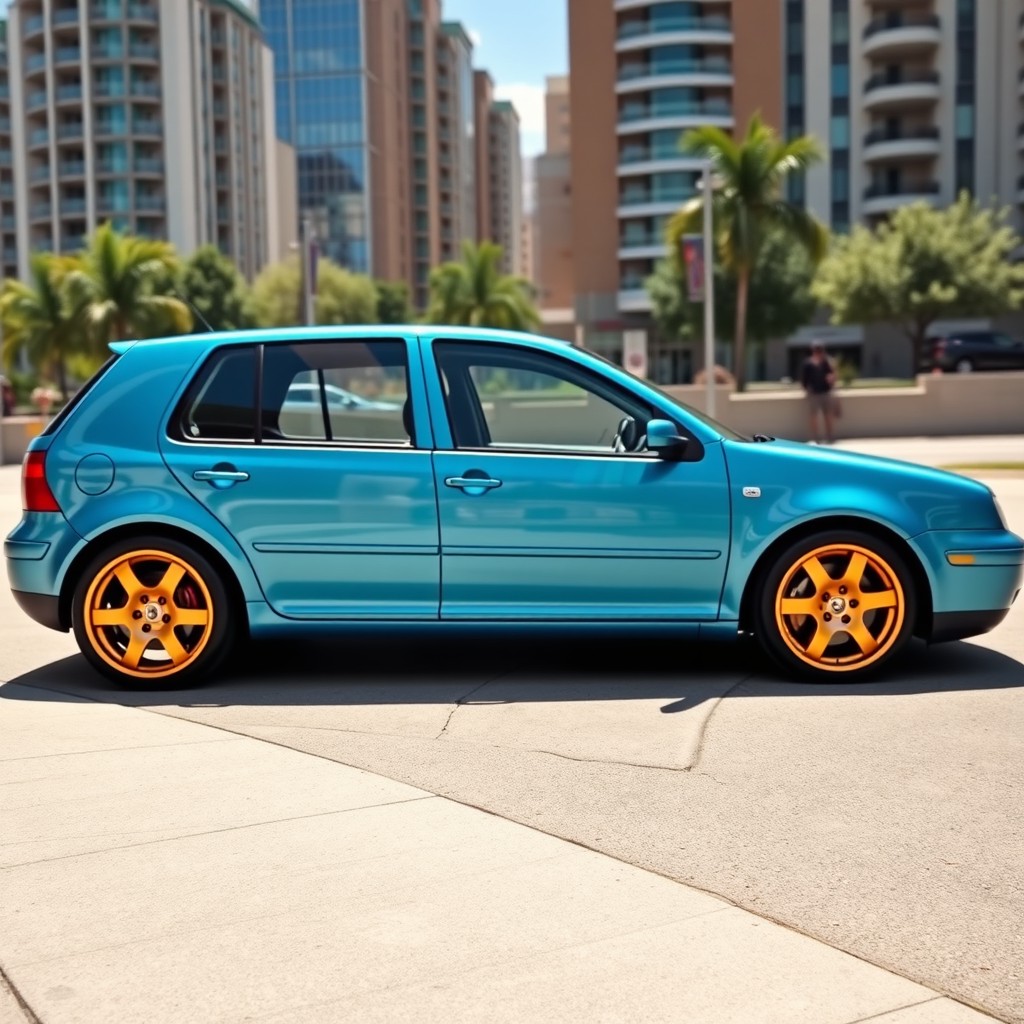 A stunning 2004 Volkswagen Golf MK4 in a beautiful pearlescent blue color, featuring eye-catching golden sports wheels