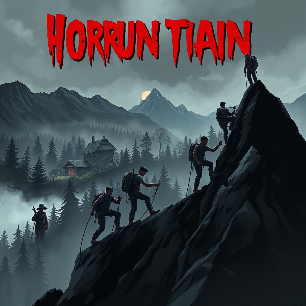 A haunting book cover illustration featuring a horror-themed mountain climbing adventure with five characters: four rugged male climbers and one courageous female climber