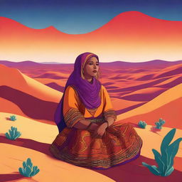 A vividly colorful and animated rendition of a Moroccan woman, sitting in the desert while passionately telling stories to a diverse group of engaged listeners. She is set against a backdrop of vast desert dunes under a vibrant sunset.