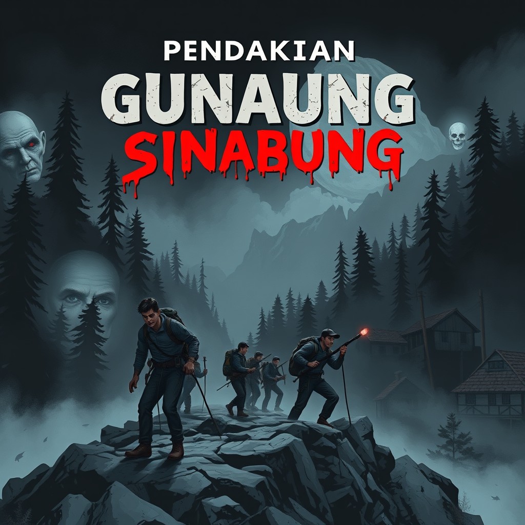 A chilling book cover illustration for 'Pendakian Gunung Sinabung', capturing a horror-themed adventure of mountain climbing featuring five characters: four rugged male climbers and one brave female climber