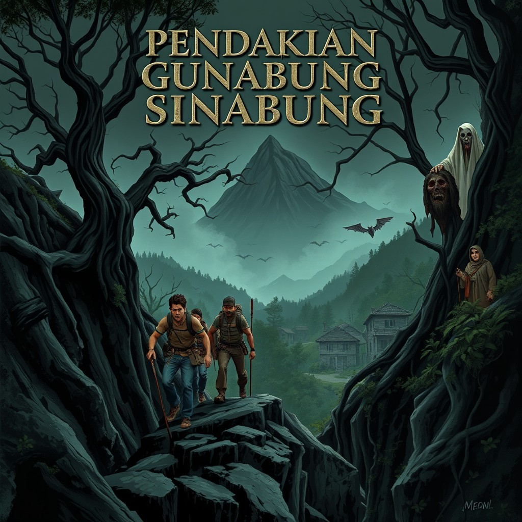 A chilling book cover illustration for 'Pendakian Gunung Sinabung', depicting a horror-themed mountain climbing adventure with five characters: four rugged male climbers and one brave female climber