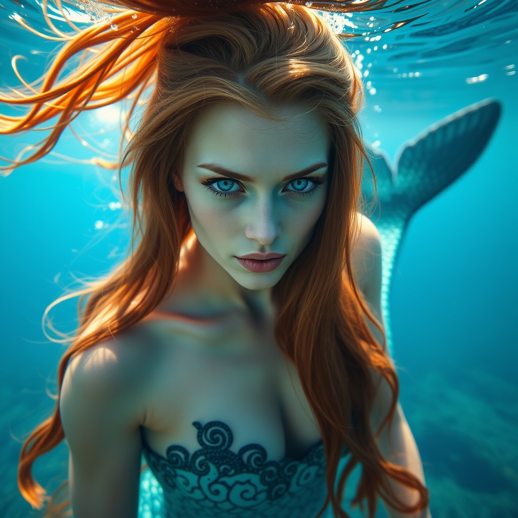 A stunning 28-year-old mermaid with a long blue-green tail and flowing copper hair