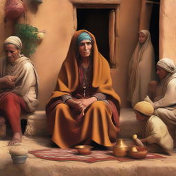 An animated depiction of a Moroccan woman, adorned traditionally, sitting in a rustic village, vividly narrating tales to an earnest group of listeners. The image echoes with rich Moroccan culture and the ambiance of the village life.