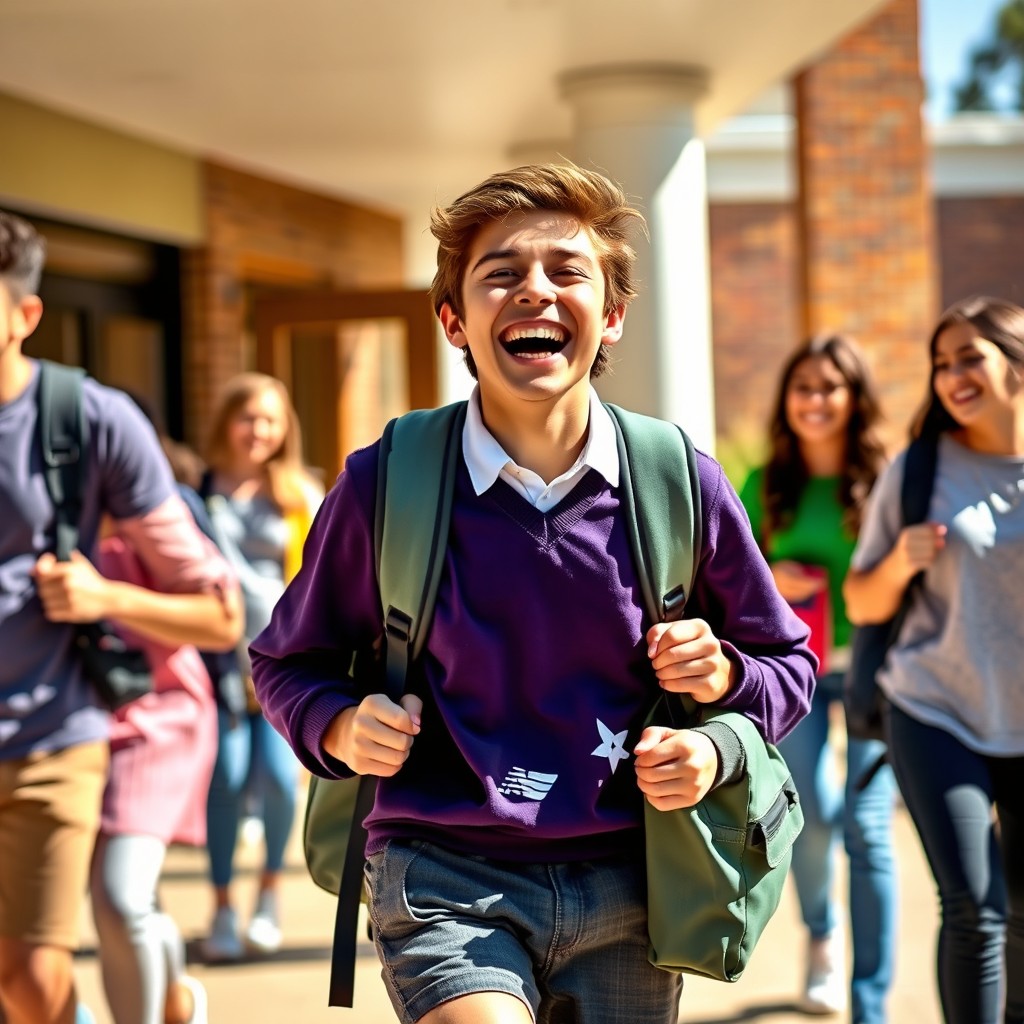 A joyful high school student happily leaving school, exuberant expression on their face