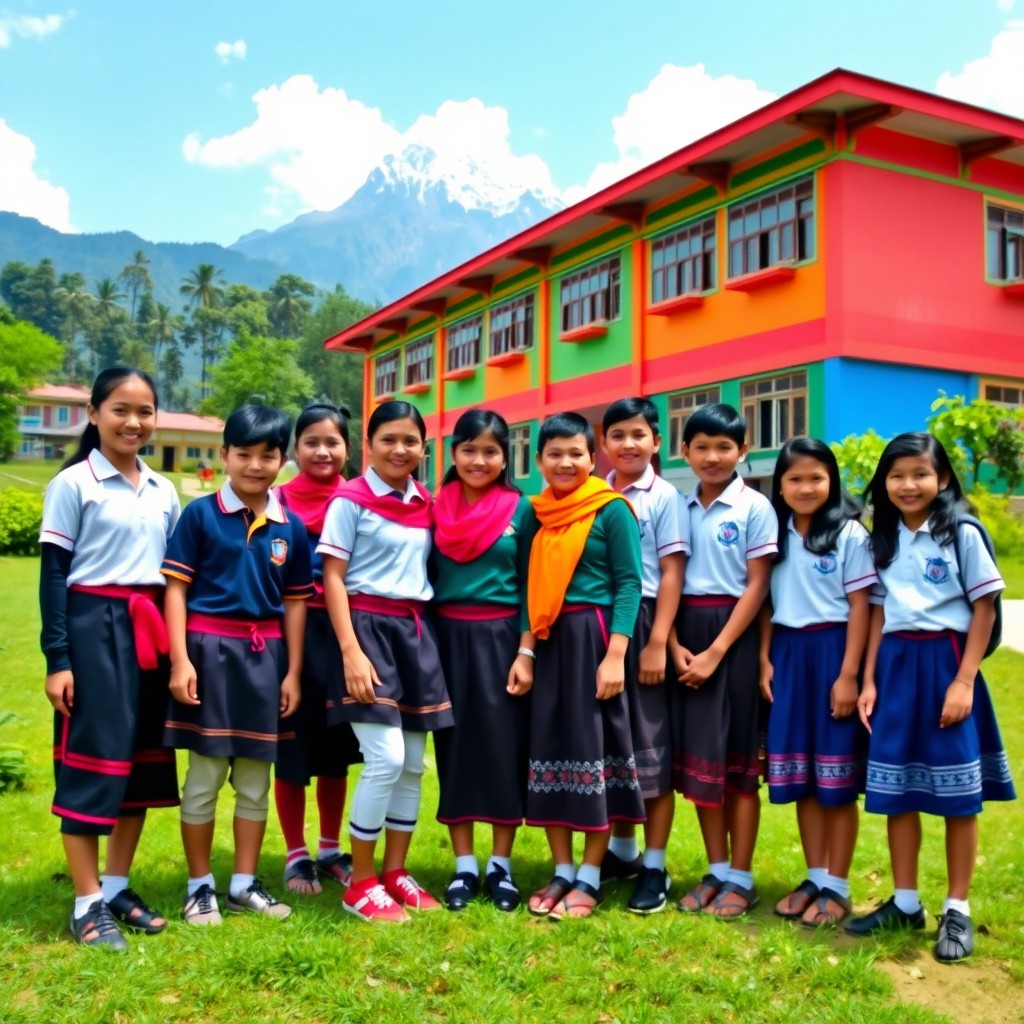 A vibrant scene featuring a group of Nepalese students wearing their traditional school uniforms, standing together in front of a colorful school building