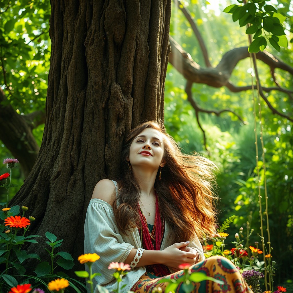 A woman deeply in love with nature, embracing a large tree trunk that is rising upwards, creating a magical and whimsical atmosphere