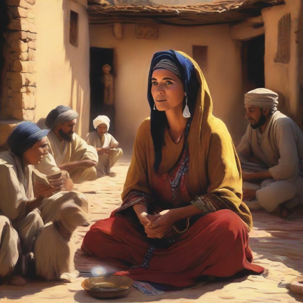 An animated depiction of a Moroccan woman, adorned traditionally, sitting in a rustic village, vividly narrating tales to an earnest group of listeners. The image echoes with rich Moroccan culture and the ambiance of the village life.