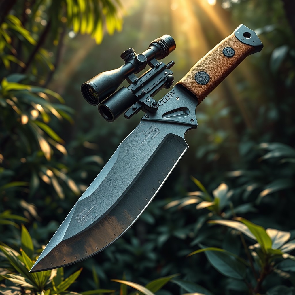 A futuristic machete equipped with a sniper scope, designed for precision and strength