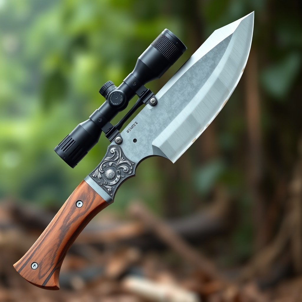 A classic machete featuring a unique sniper scope mounted on its side, blending traditional design with modern tactical elements