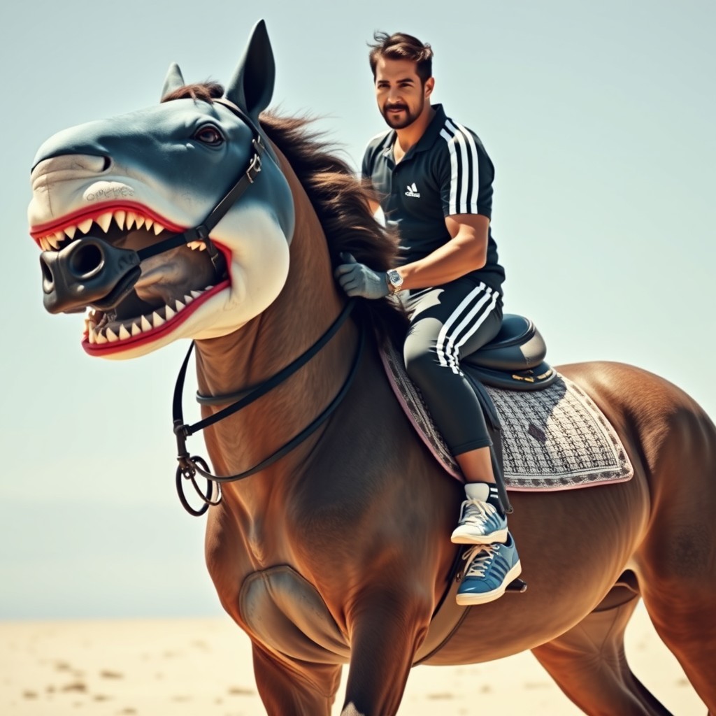 A whimsical scene featuring Javier Oliveira riding a majestic horse that has the head of a shark