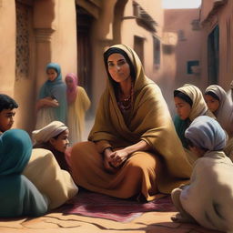 An animated depiction of a Moroccan woman, adorned traditionally, sitting in a rustic village, vividly narrating tales to an earnest group of listeners. The image echoes with rich Moroccan culture and the ambiance of the village life.