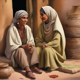 An animated depiction of a Moroccan woman, adorned traditionally, sitting in a rustic village, vividly narrating tales to an earnest group of listeners. The image echoes with rich Moroccan culture and the ambiance of the village life.