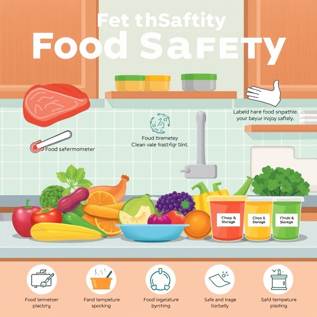 An informative and visually appealing illustration about food safety, showcasing colorful fruits and vegetables neatly arranged on a clean kitchen counter