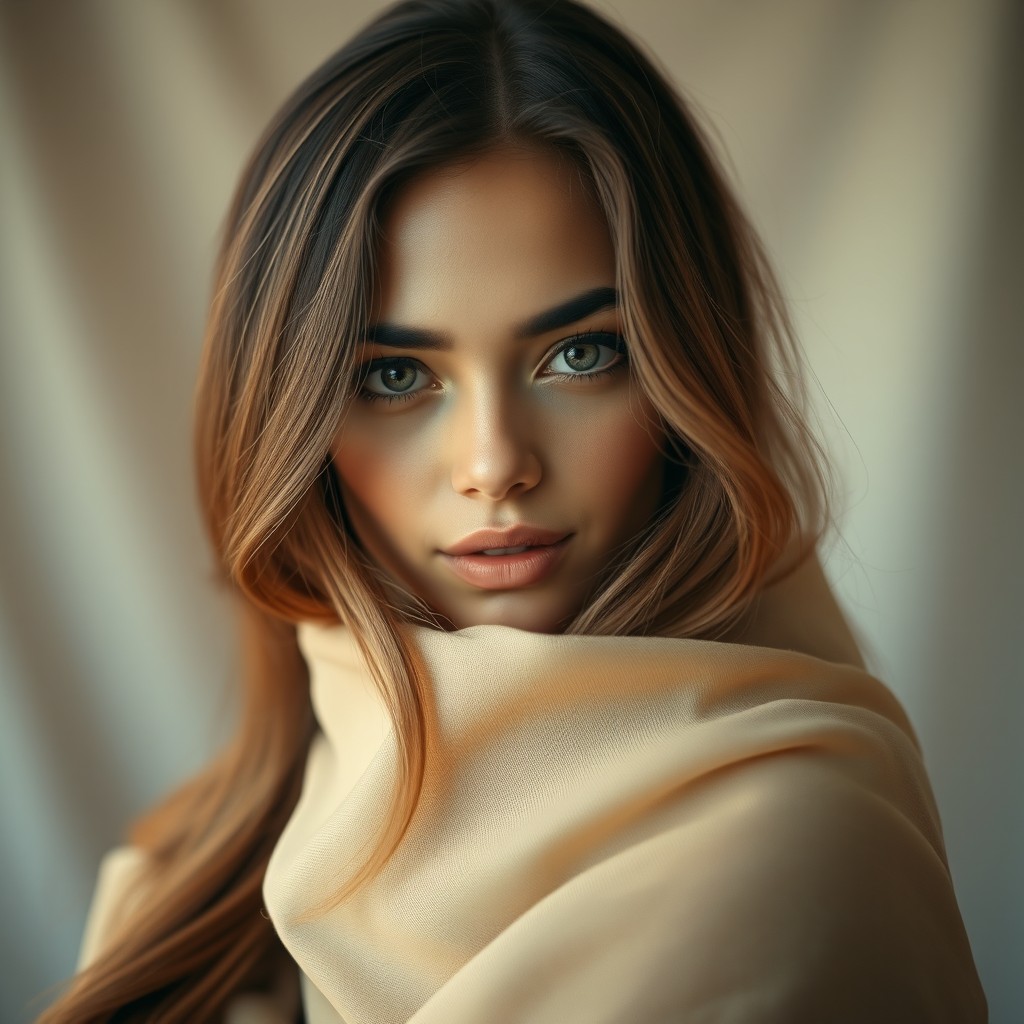 A captivating portrait of a confident young woman with long flowing hair, partially covered, exuding allure and charm