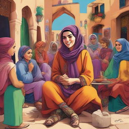 A vibrant cartoon of a Moroccan woman, wearing traditional garments, seated in a bustling village square, captivating a diverse group of people with her enchanting stories. The scene is buzzing with rustic charm and cultural authenticity.