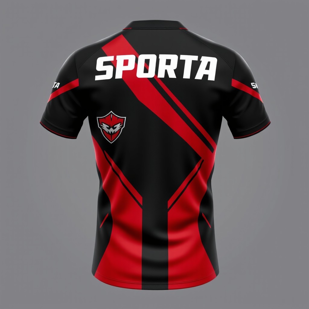 An esports jersey designed with a sleek and modern look, primarily featuring a striking color scheme of vibrant red and deep black