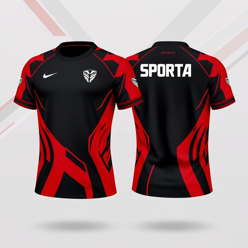 An esports jersey design featuring a striking combination of red and black colors