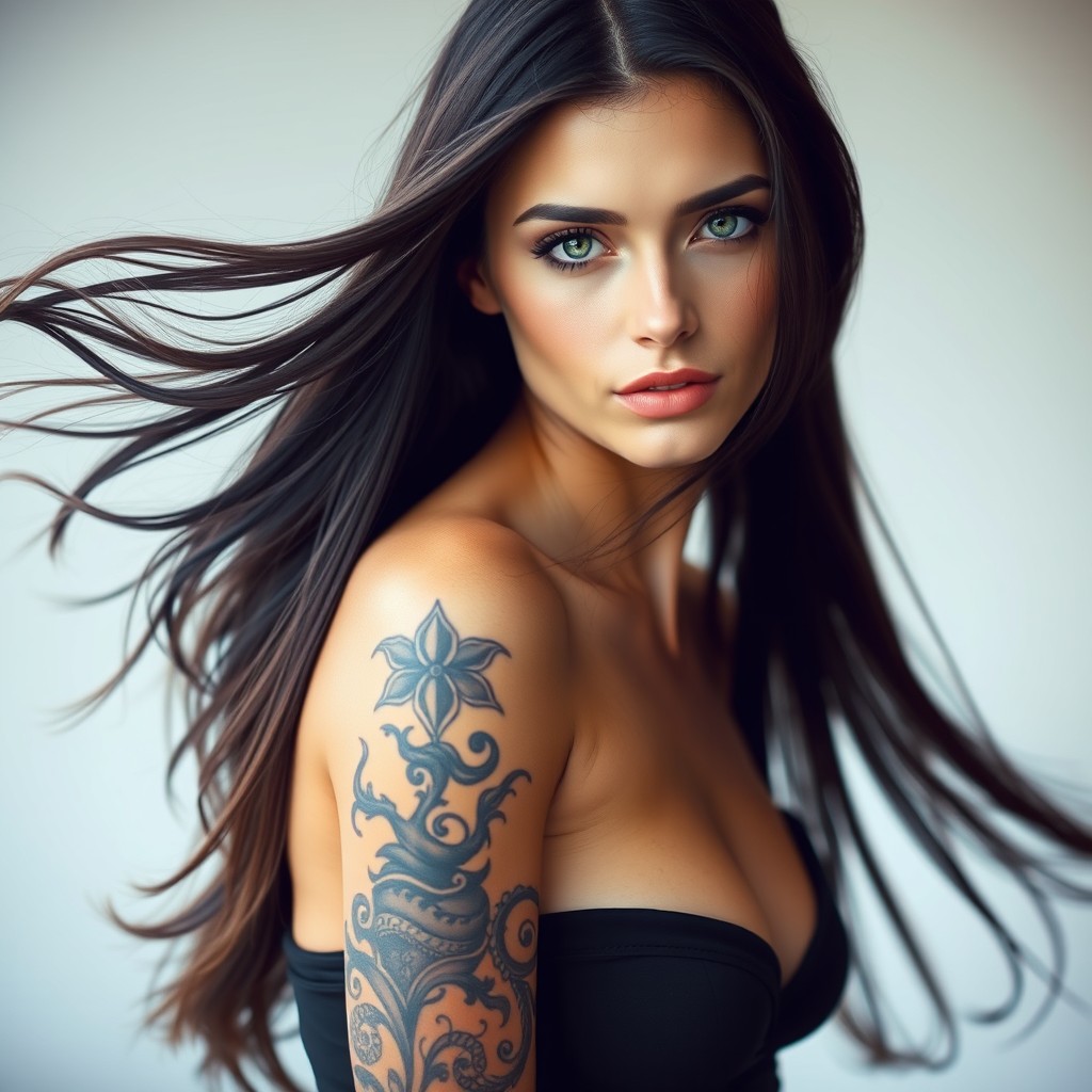 A striking model with fair skin, long dark hair flowing beautifully, and captivating green eyes
