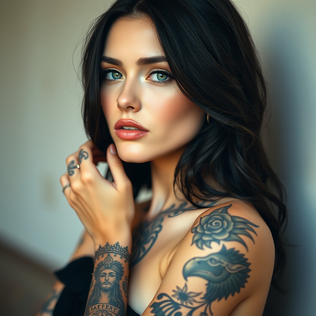 A stunning model with fair skin, lustrous dark hair cascading down her shoulders, and vibrant green eyes that draw attention