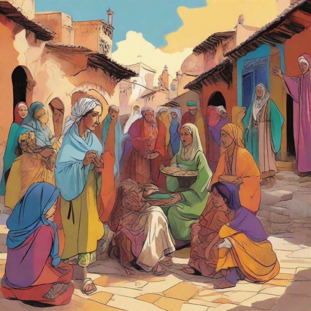 A vibrant cartoon of a Moroccan woman, wearing traditional garments, seated in a bustling village square, captivating a diverse group of people with her enchanting stories. The scene is buzzing with rustic charm and cultural authenticity.