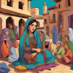 A vibrant cartoon of a Moroccan woman, wearing traditional garments, seated in a bustling village square, captivating a diverse group of people with her enchanting stories. The scene is buzzing with rustic charm and cultural authenticity.